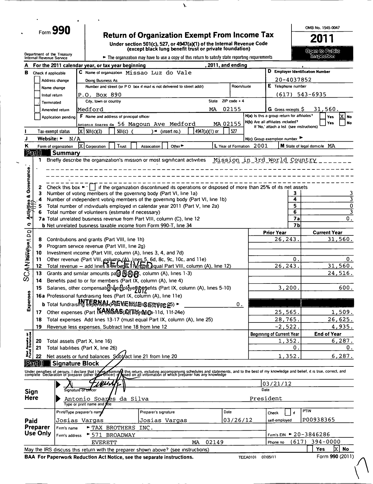 Image of first page of 2011 Form 990 for Missao Luz do Vale