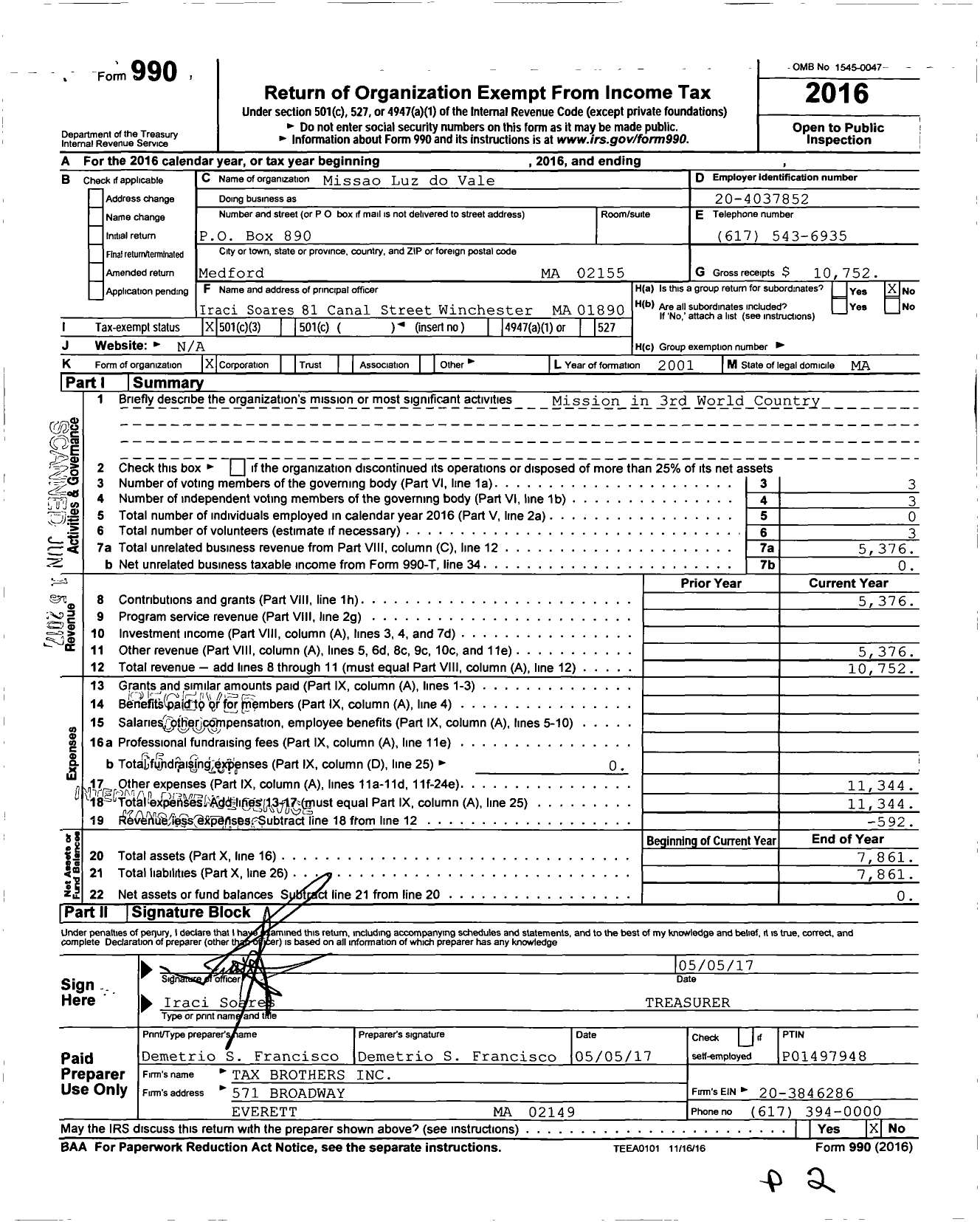 Image of first page of 2016 Form 990 for Missao Luz do Vale