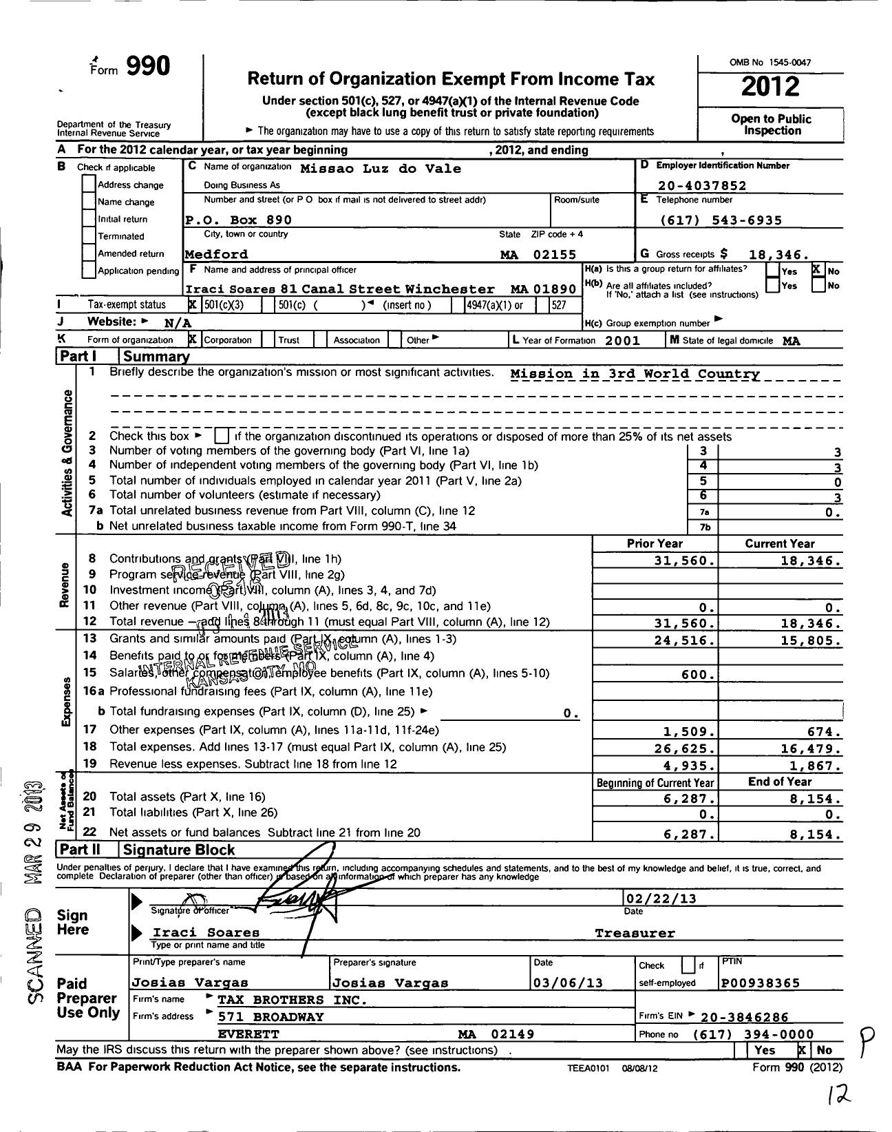 Image of first page of 2012 Form 990 for Missao Luz do Vale