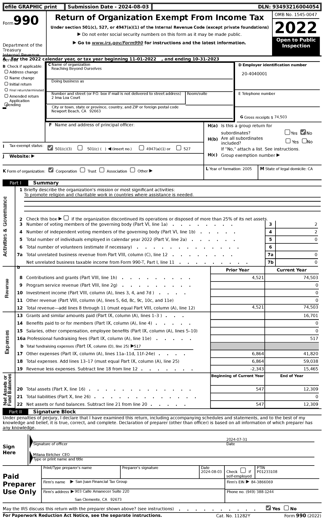 Image of first page of 2022 Form 990 for Reaching Beyond Ourselves