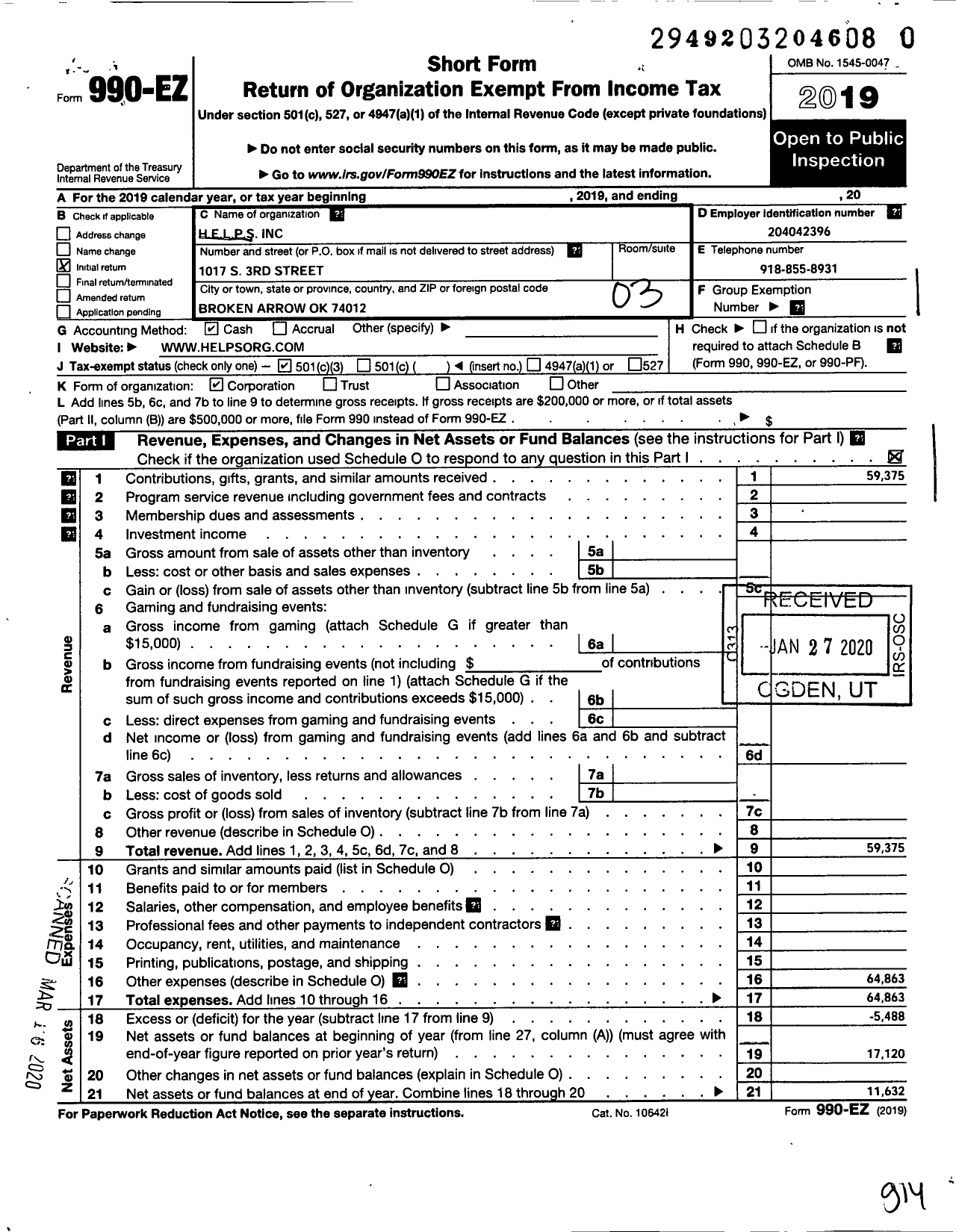 Image of first page of 2019 Form 990EZ for Helps