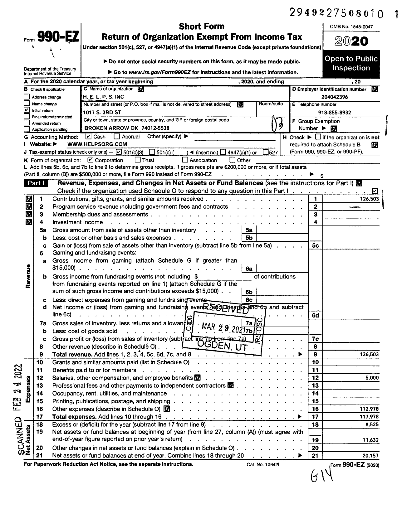 Image of first page of 2020 Form 990EZ for Helps