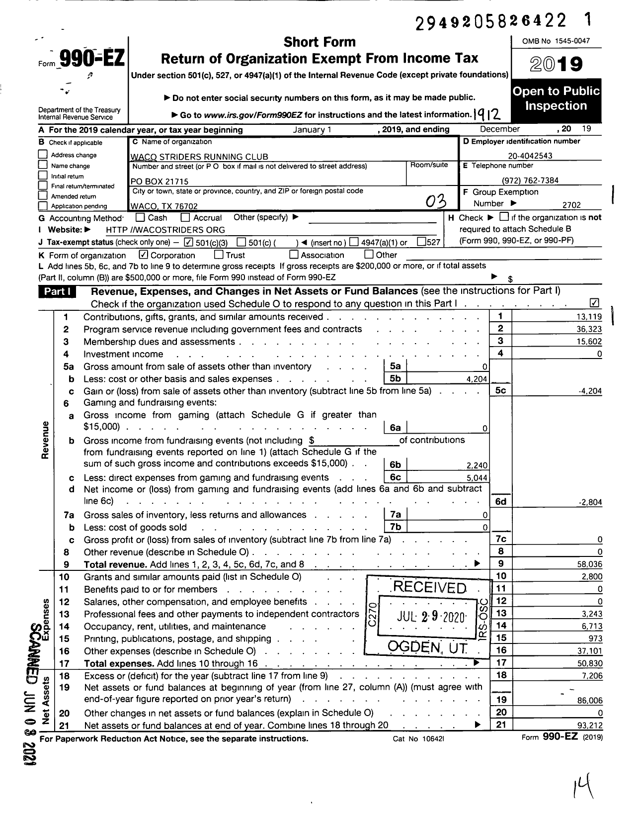 Image of first page of 2019 Form 990EZ for Waco Striders Running Club