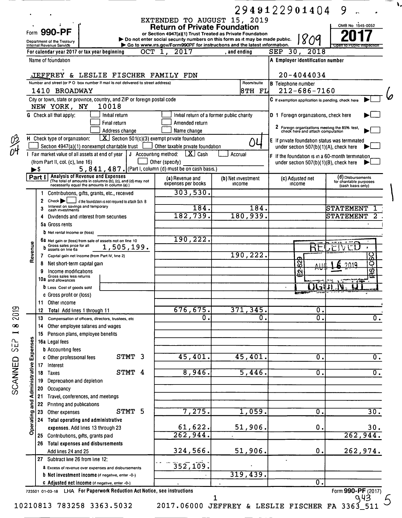 Image of first page of 2017 Form 990PF for Jeffrey and Leslie Fischer Family Foundation