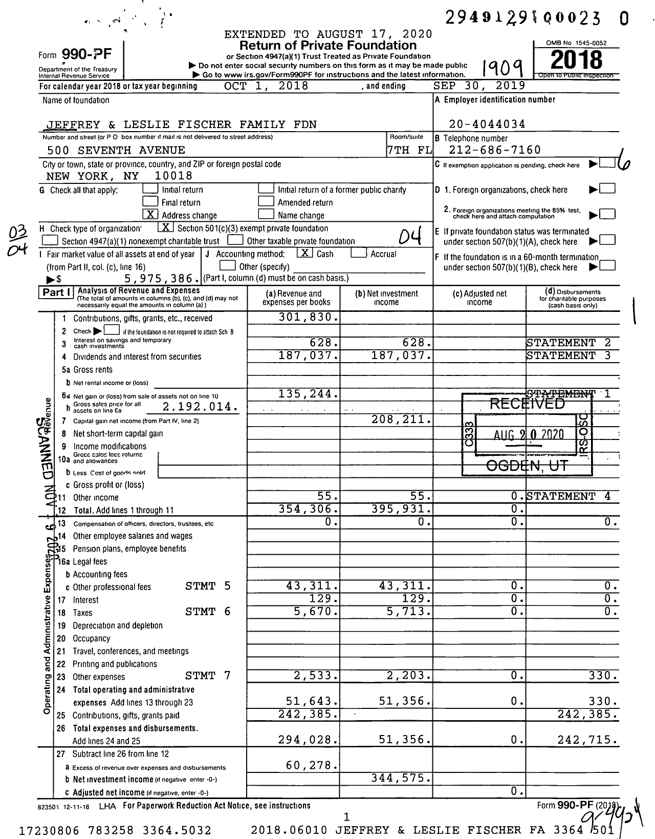 Image of first page of 2018 Form 990PF for Jeffrey and Leslie Fischer Family Foundation