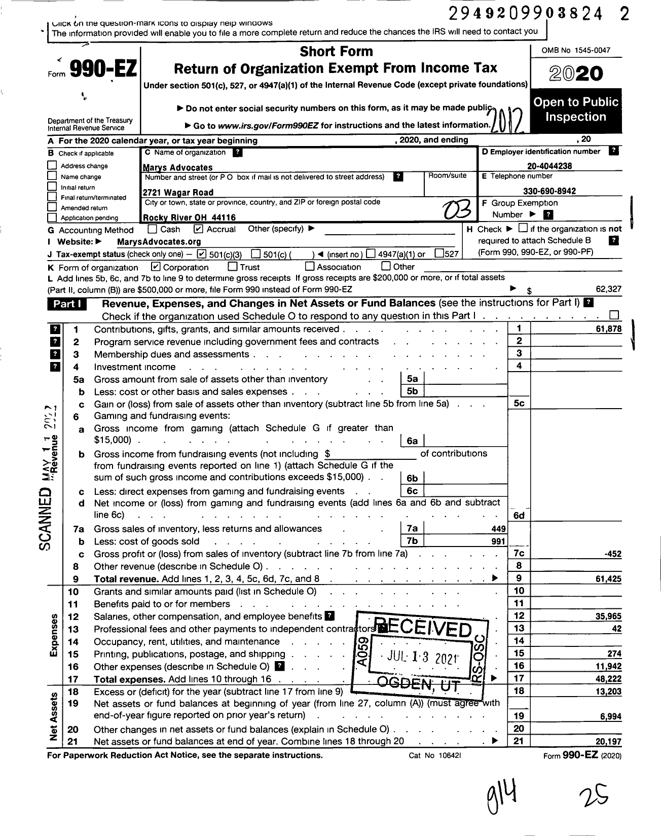 Image of first page of 2020 Form 990EZ for Marys Advocates