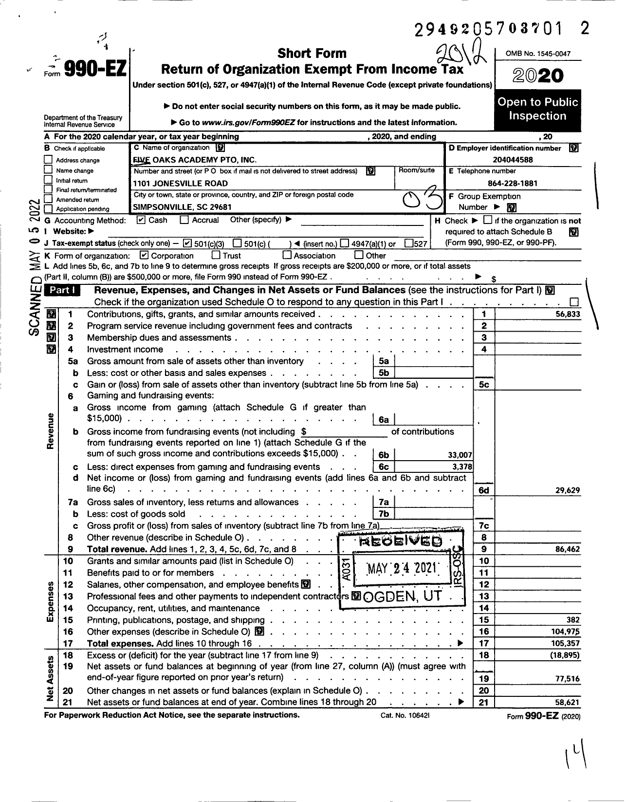 Image of first page of 2020 Form 990EZ for Five Oaks Academy PTO