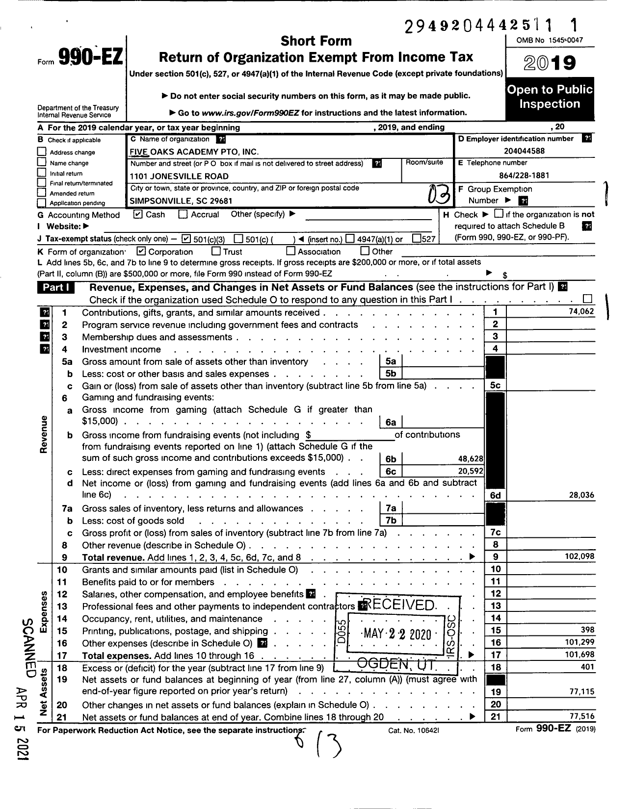 Image of first page of 2019 Form 990EZ for Five Oaks Academy PTO