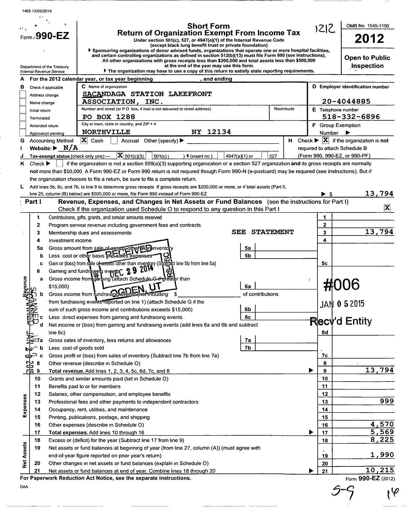 Image of first page of 2012 Form 990EZ for Sacandaga Station Lakefront Association