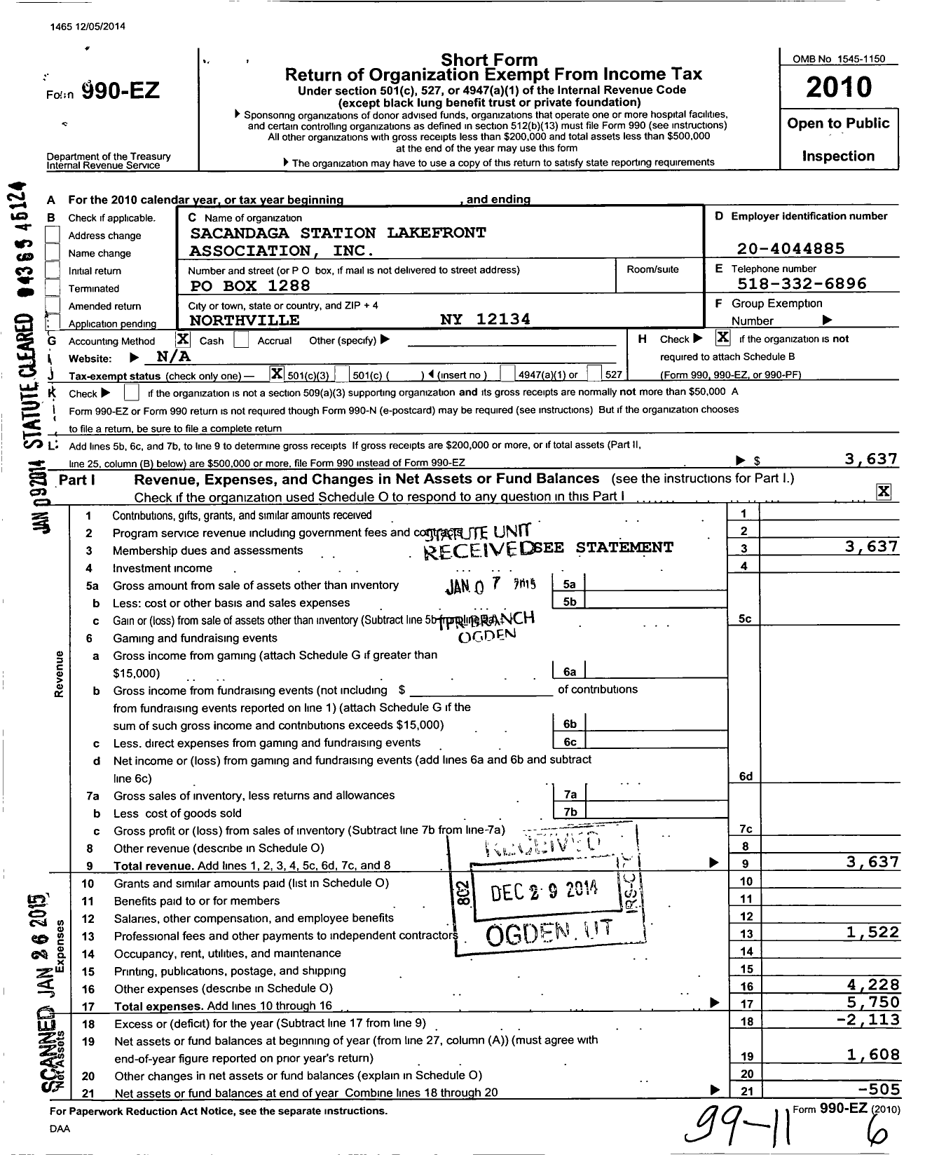 Image of first page of 2010 Form 990EZ for Sacandaga Station Lakefront Association