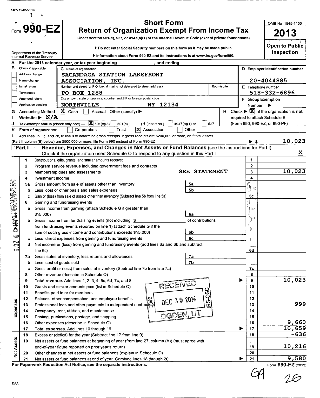 Image of first page of 2013 Form 990EZ for Sacandaga Station Lakefront Association