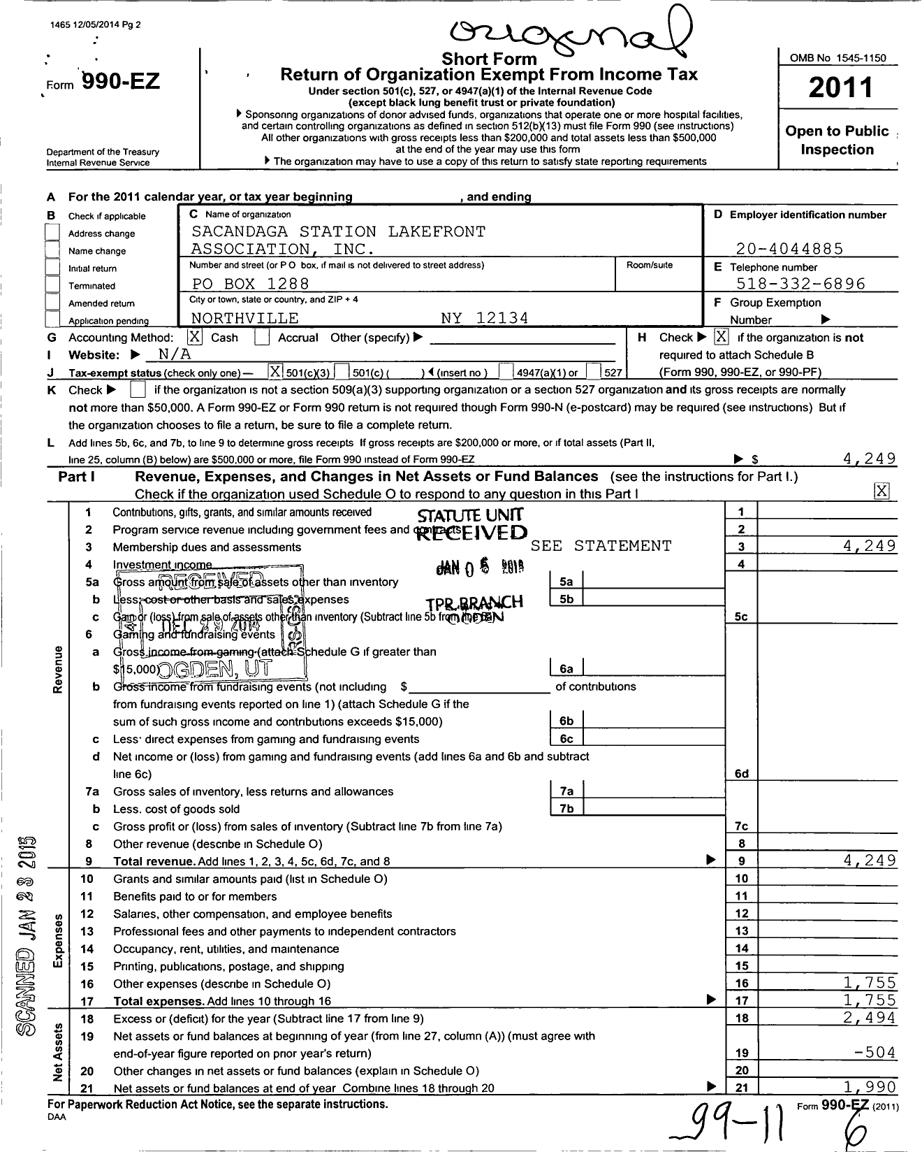 Image of first page of 2011 Form 990EZ for Sacandaga Station Lakefront Association