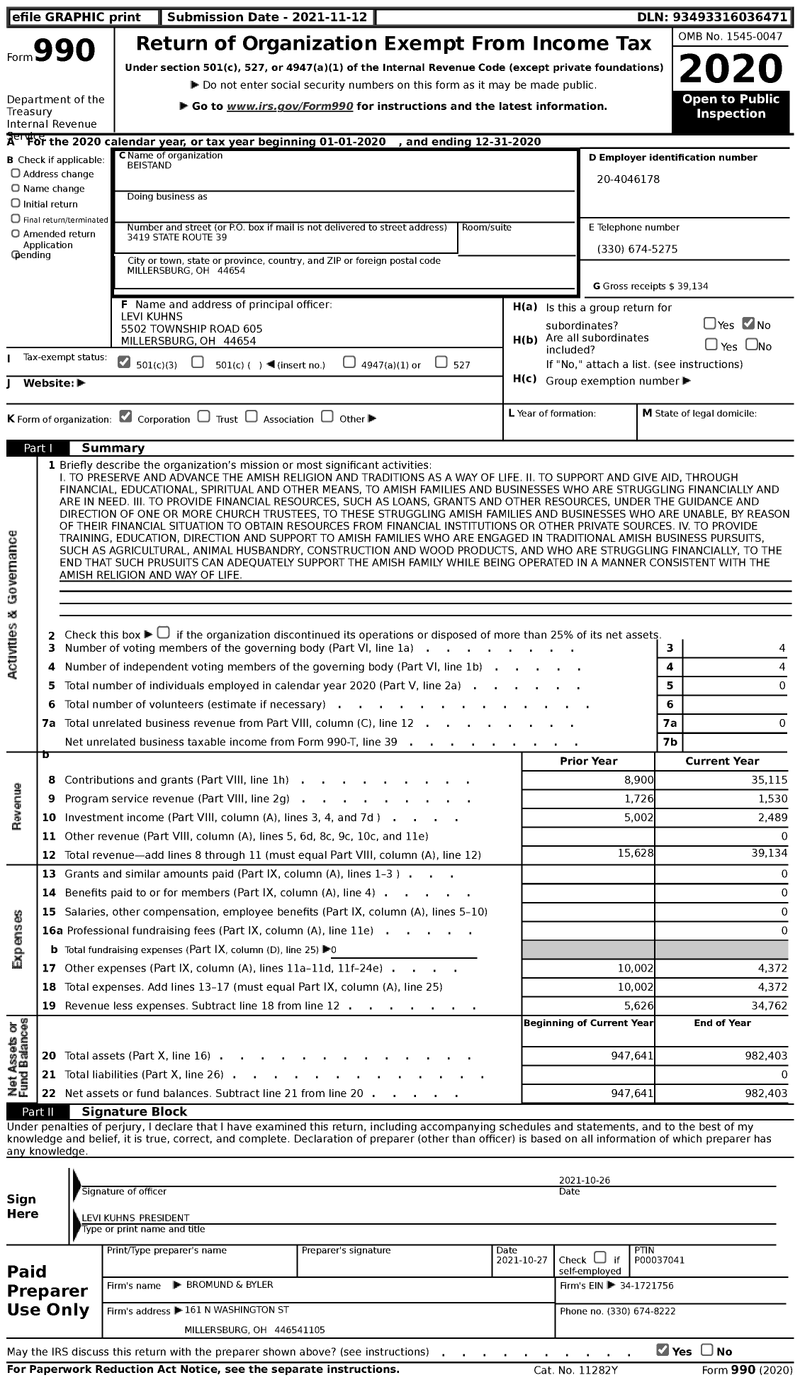 Image of first page of 2020 Form 990 for Beistand