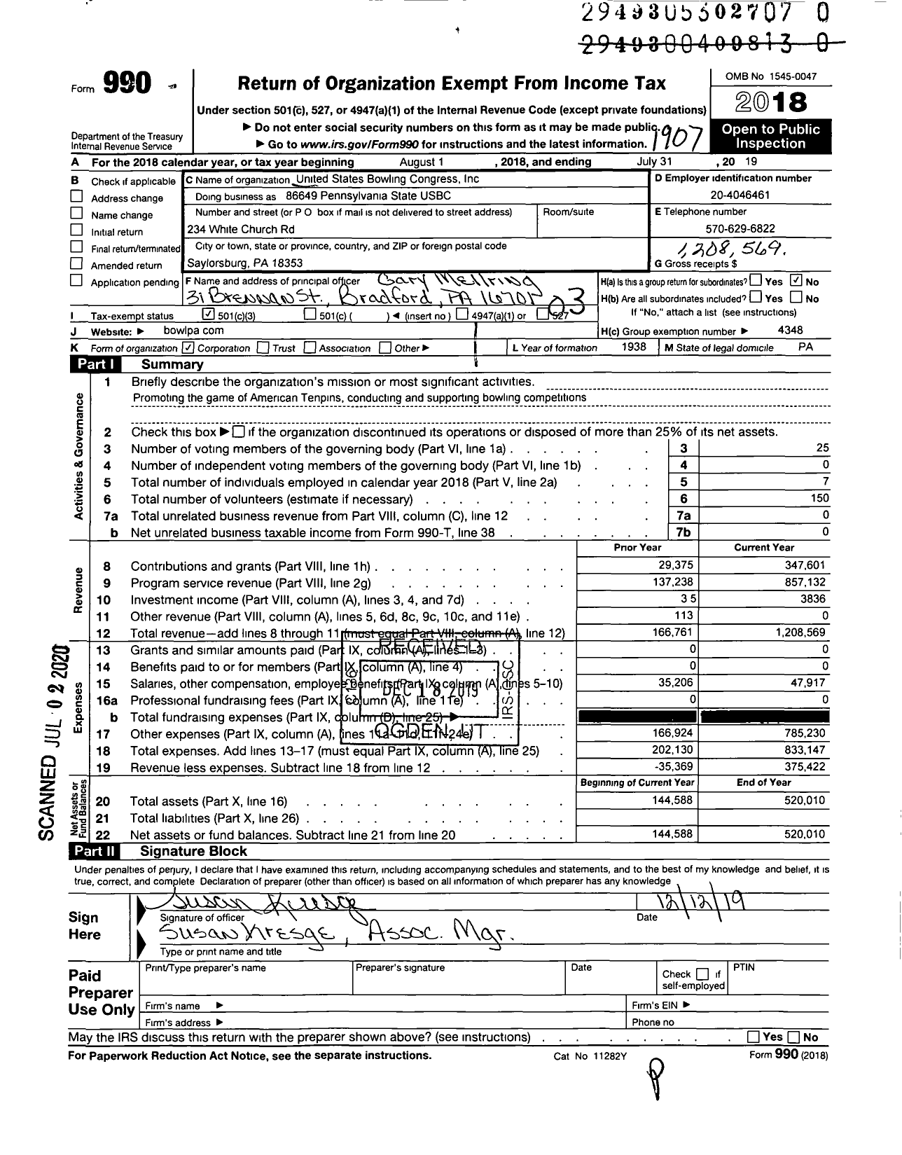 Image of first page of 2018 Form 990 for United States Bowling Congress - 86649 Pennsylvania State Usbc