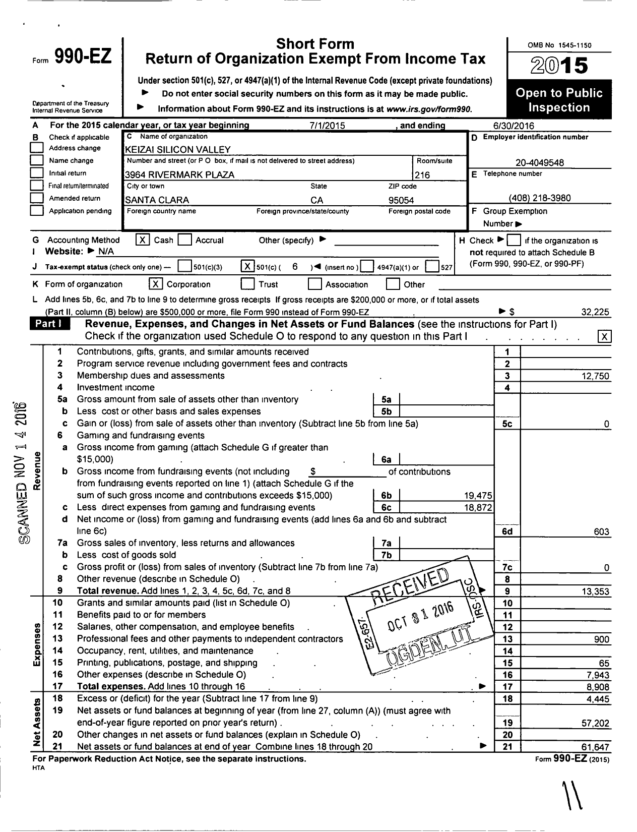 Image of first page of 2015 Form 990EO for Keizai Silicon Valley