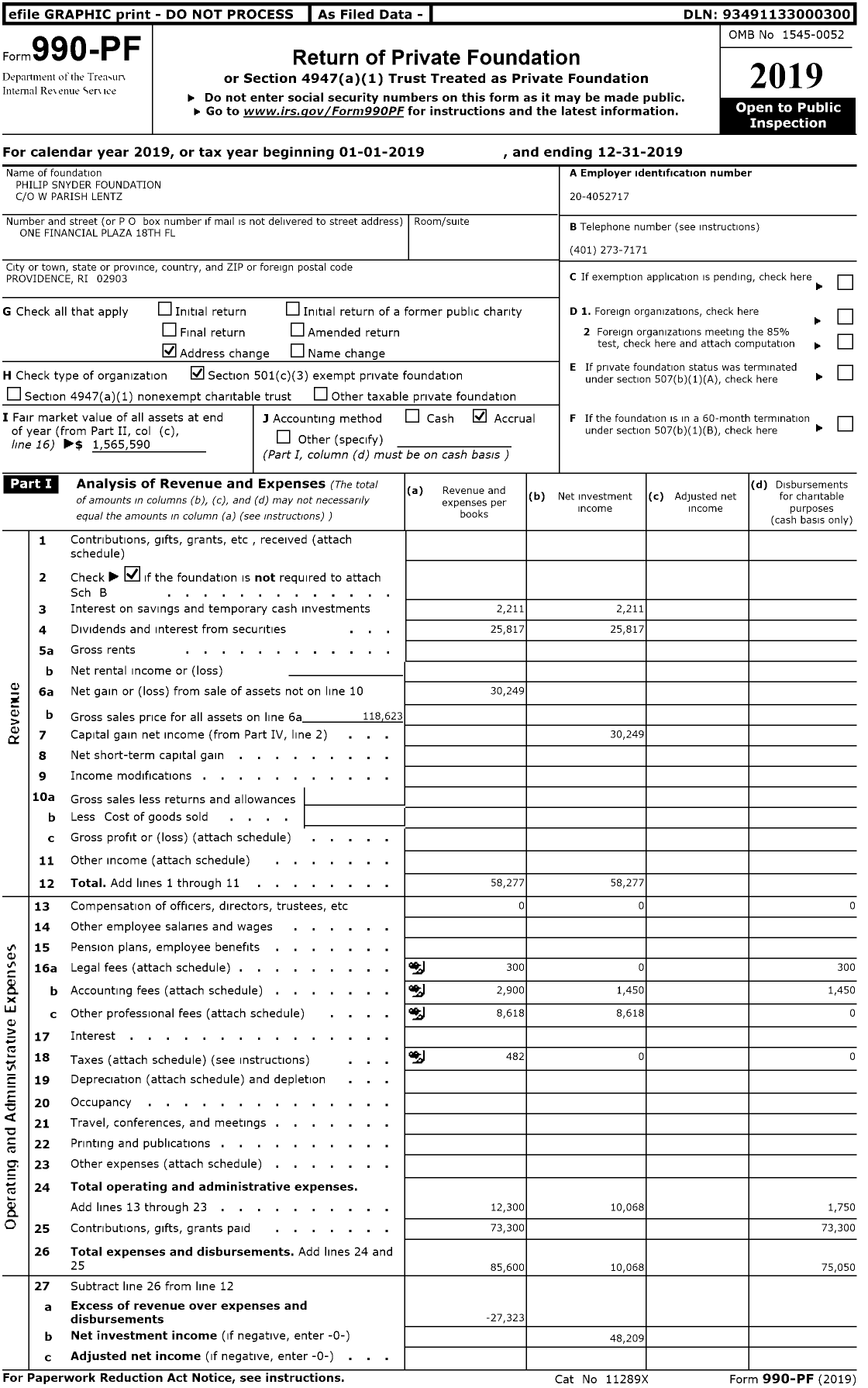 Image of first page of 2019 Form 990PR for Philip Snyder Foundation