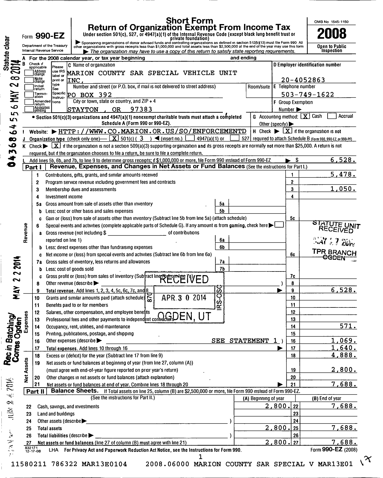 Image of first page of 2008 Form 990EZ for Marion County Sar Special Vehichle