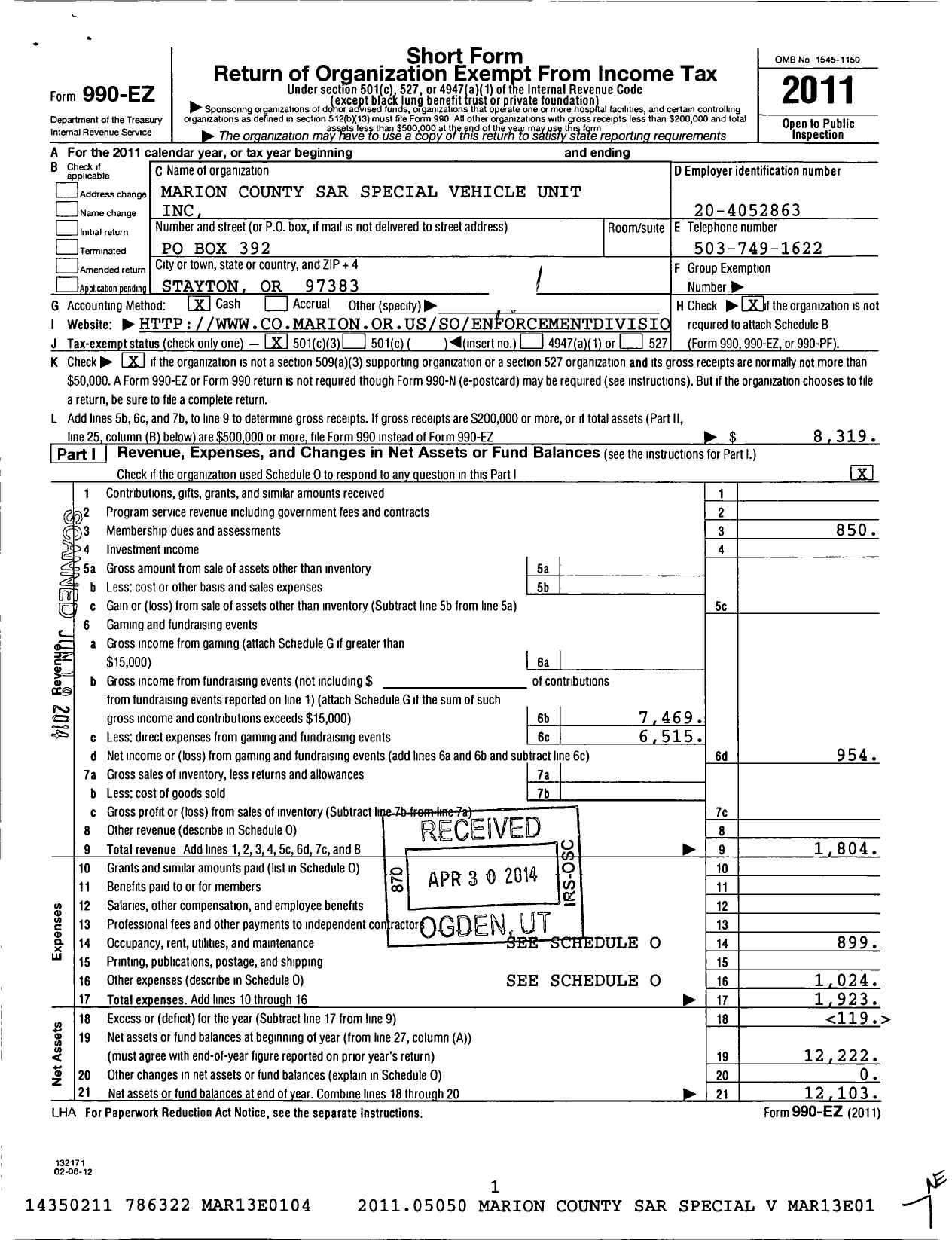 Image of first page of 2011 Form 990EZ for Marion County Sar Special Vehichle