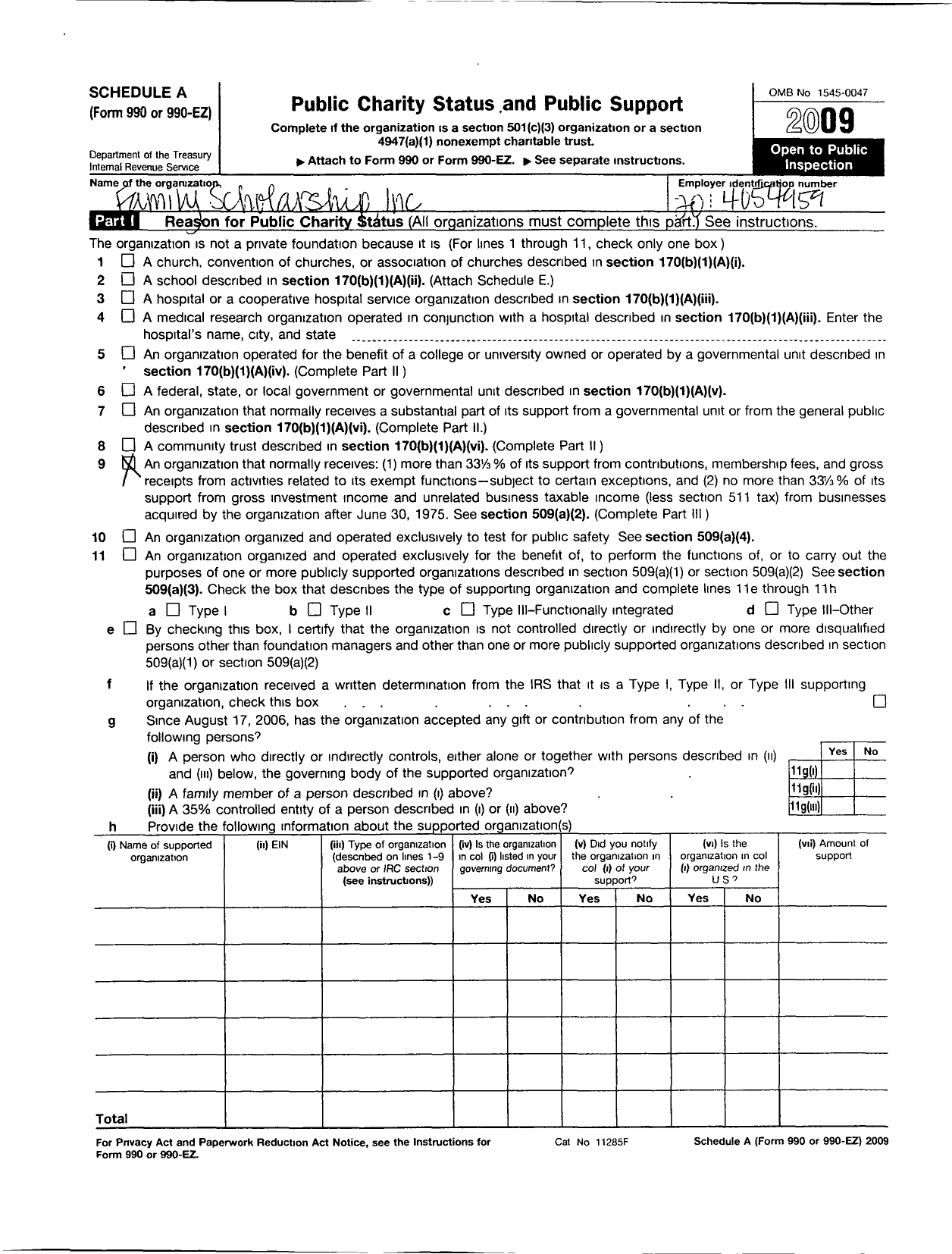 Image of first page of 2009 Form 990ER for Family Scholarship