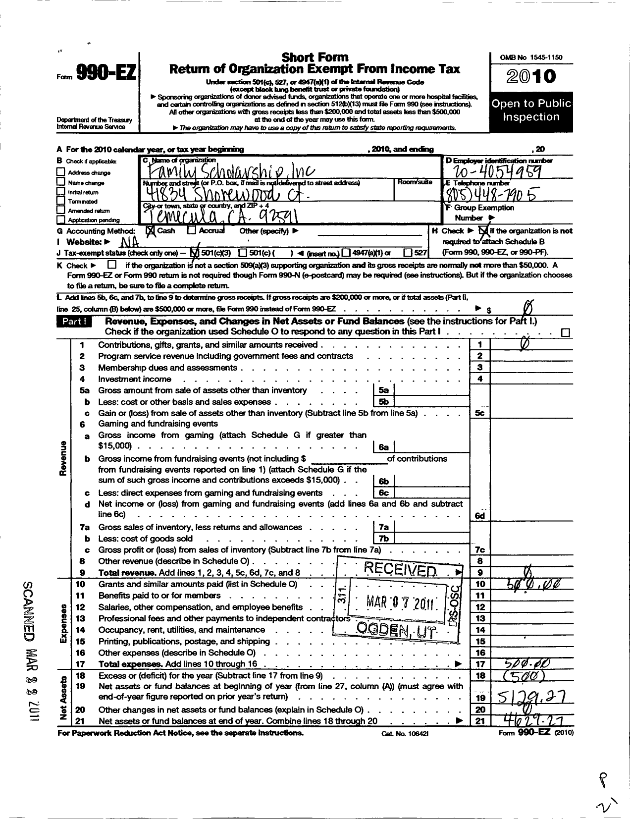 Image of first page of 2010 Form 990EZ for Family Scholarship