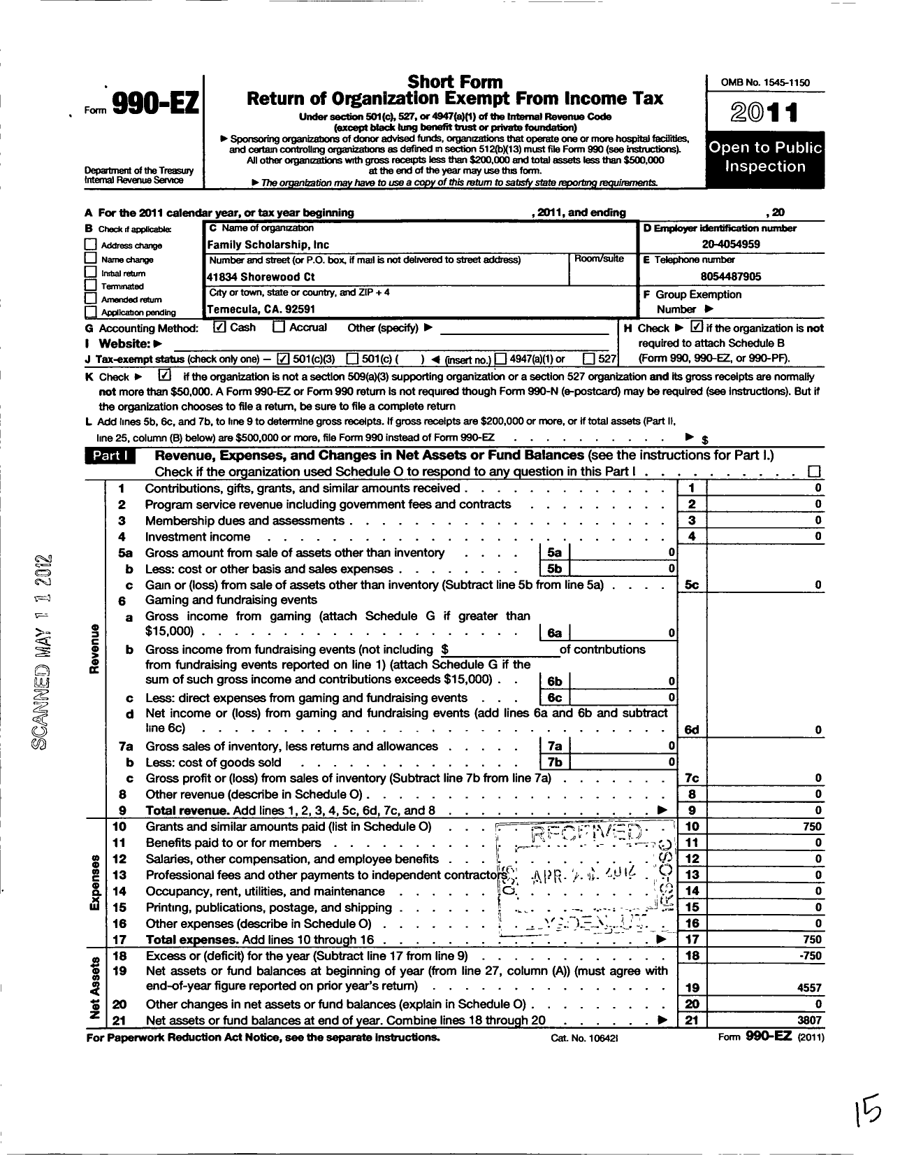 Image of first page of 2011 Form 990EZ for Family Scholarship