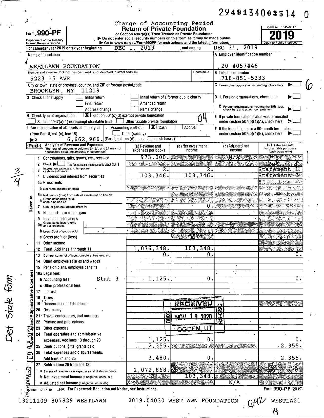 Image of first page of 2019 Form 990PF for Westlawn Foundation