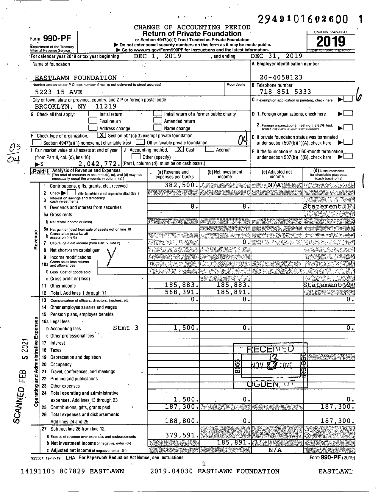 Image of first page of 2019 Form 990PF for Eastlawn Foundation