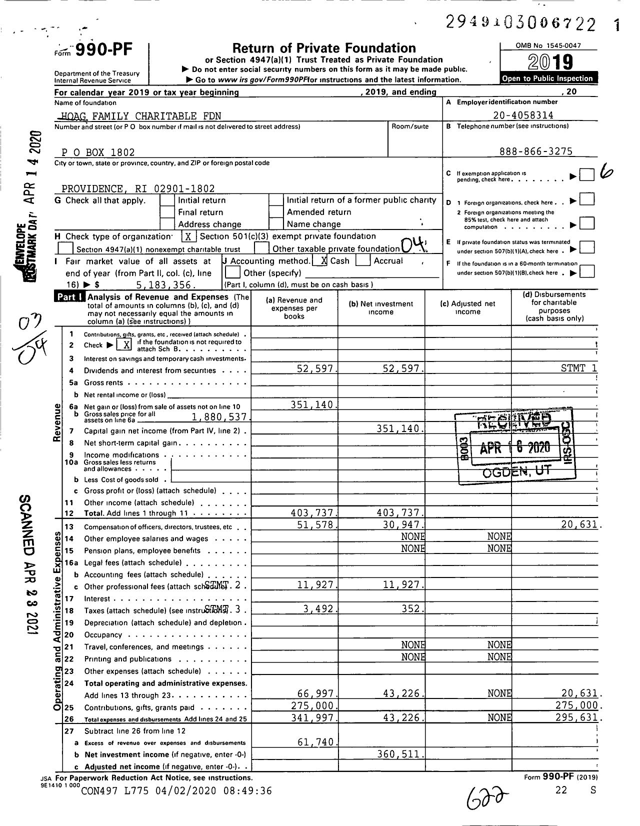 Image of first page of 2019 Form 990PF for Hoag Family Charitable Foundation