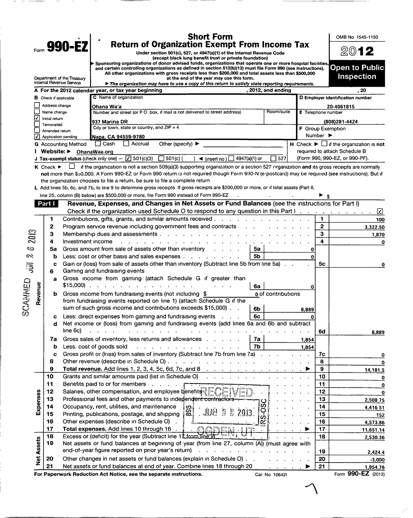 Image of first page of 2012 Form 990EZ for Ohana Wa A