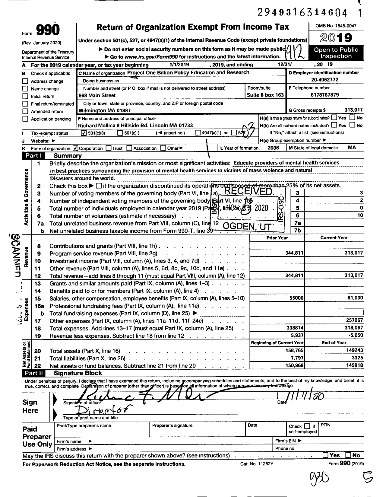 Image of first page of 2019 Form 990 for Project 1 Billion Policy Educationand Research