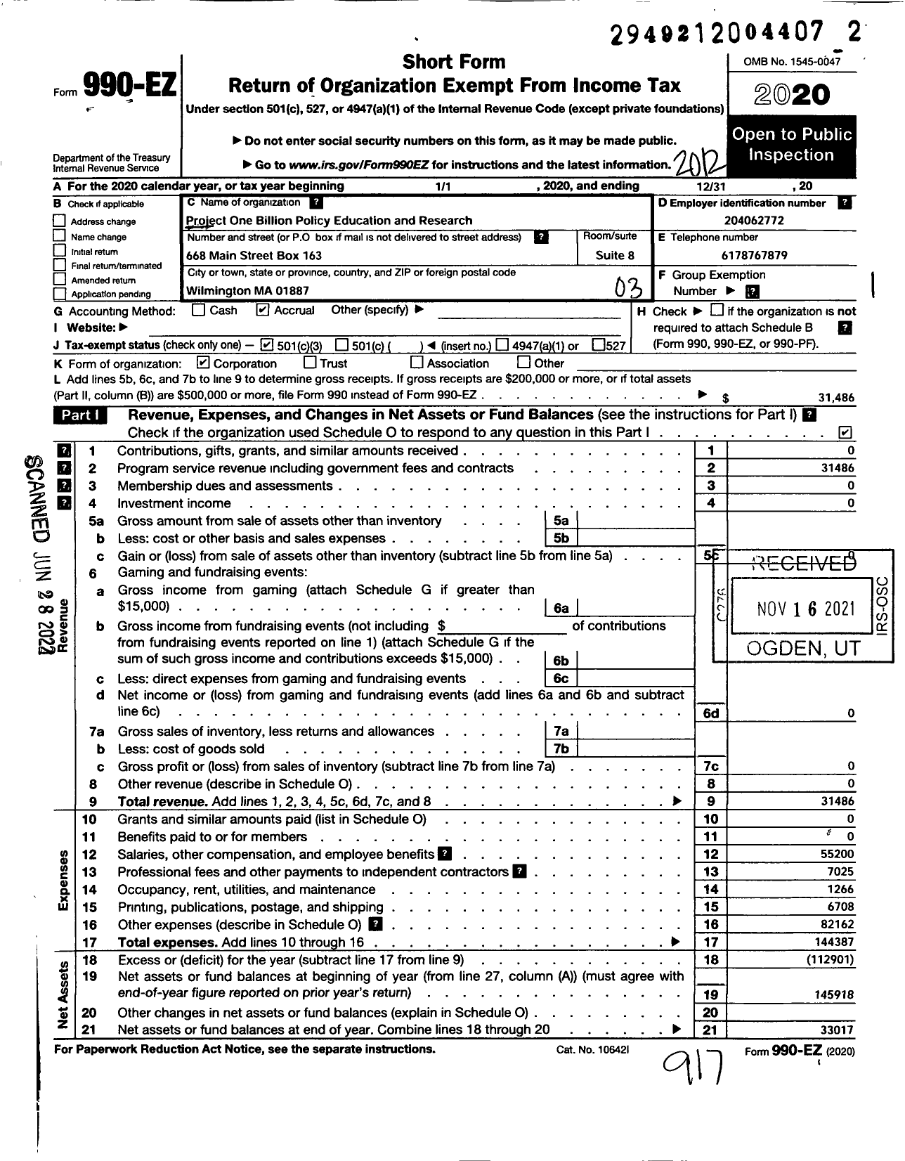 Image of first page of 2020 Form 990EZ for Project 1 Billion Policy Educationand Research