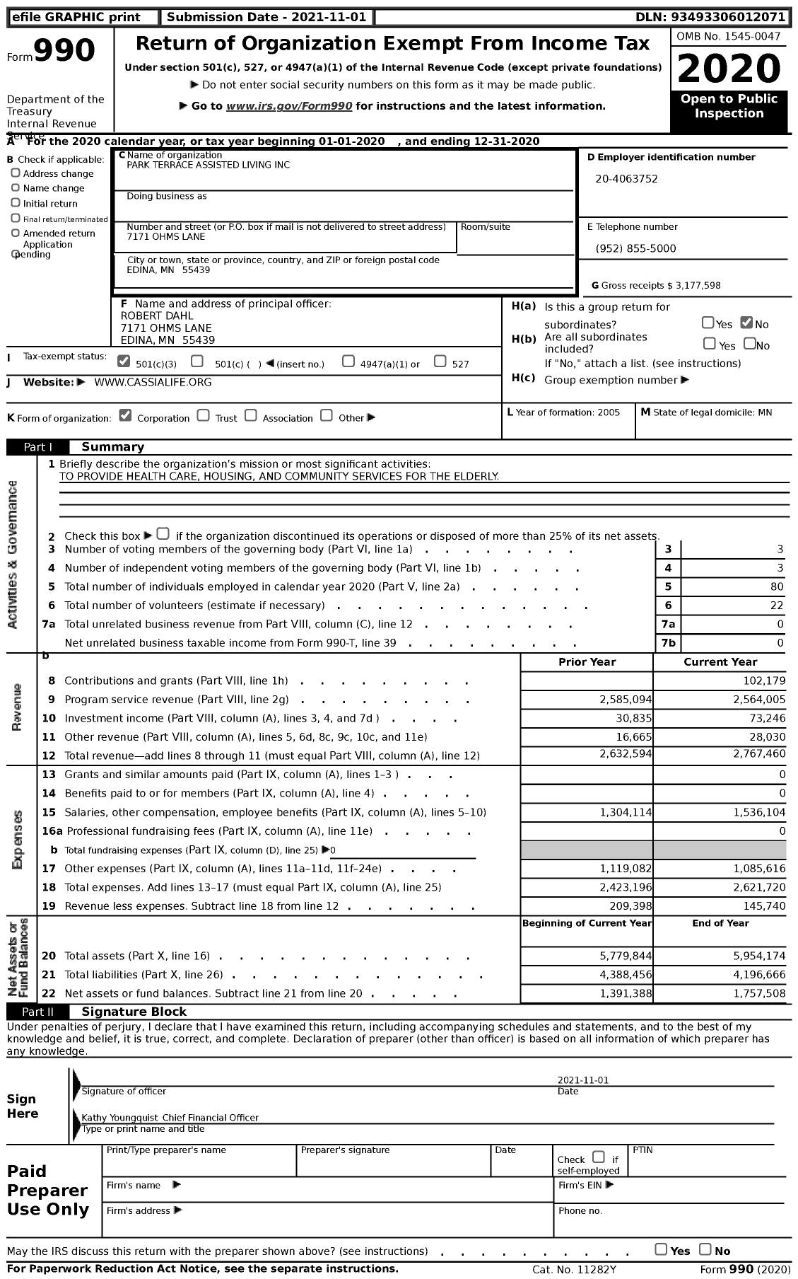 Image of first page of 2020 Form 990 for Park Terrace Assisted Living