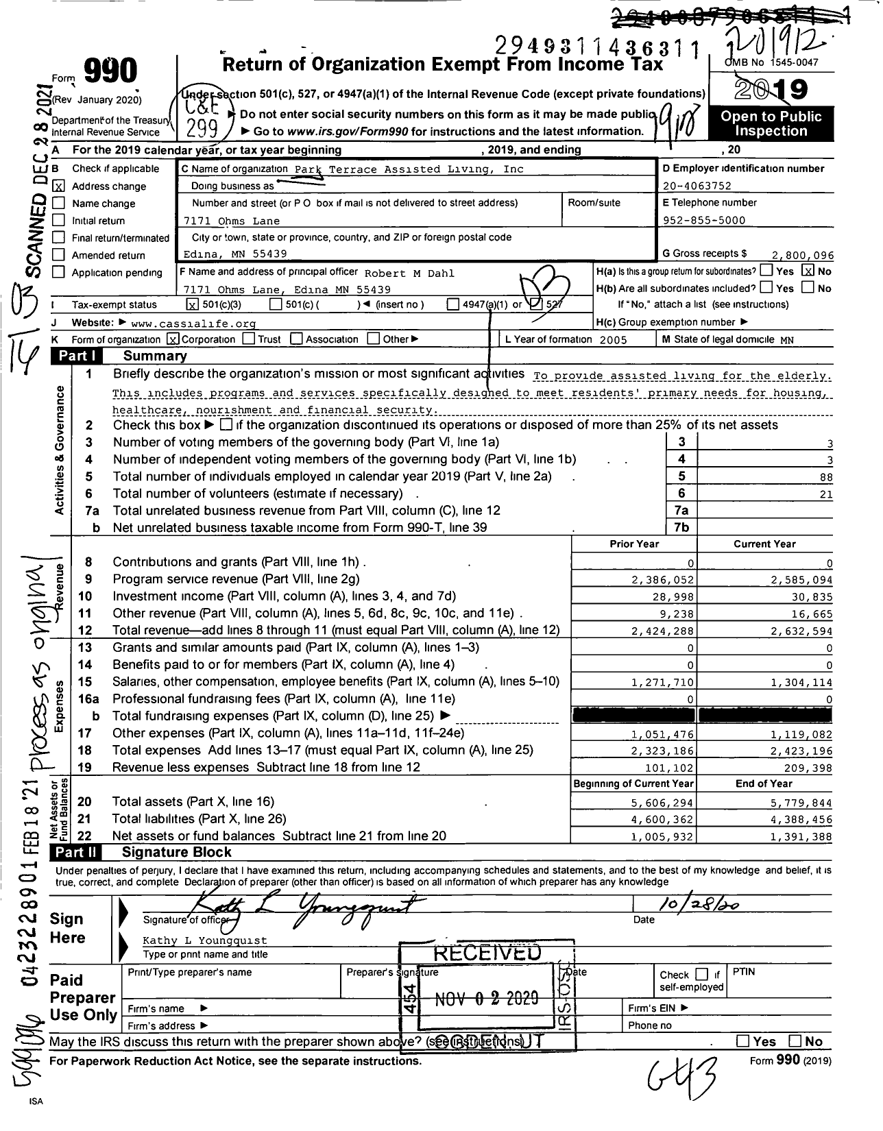 Image of first page of 2019 Form 990 for Park Terrace Assisted Living