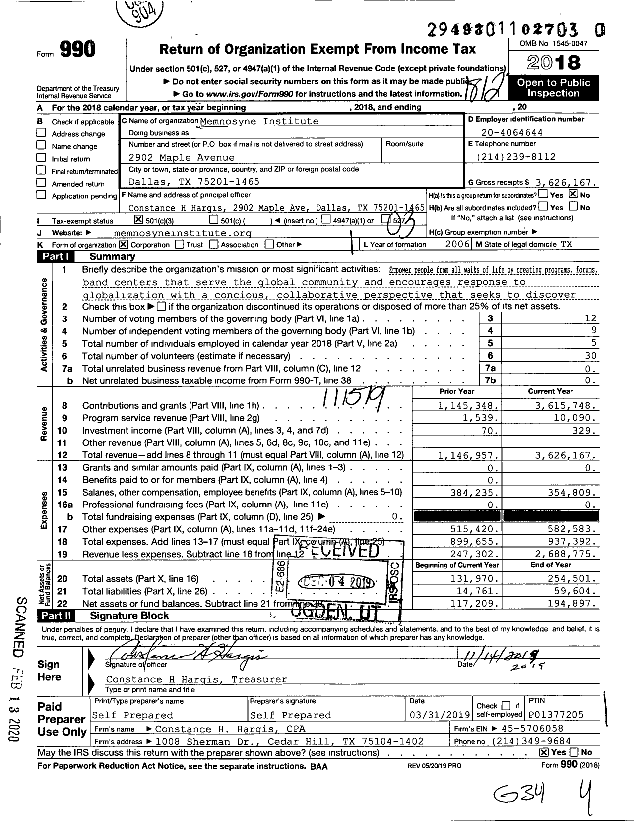 Image of first page of 2018 Form 990 for Memnosyne Institute