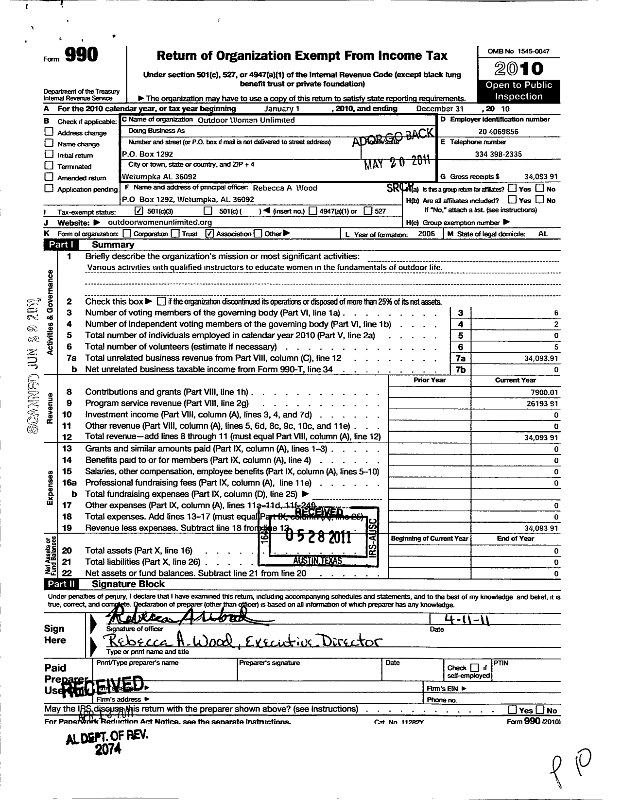 Image of first page of 2010 Form 990 for Outdoor Women Unlimited