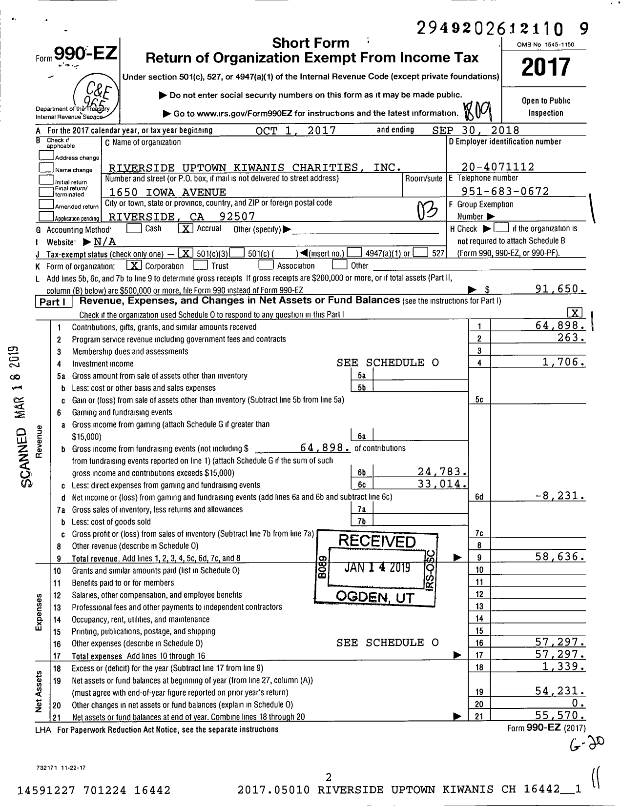 Image of first page of 2017 Form 990EZ for Riverside Uptown Kiwanis Charities