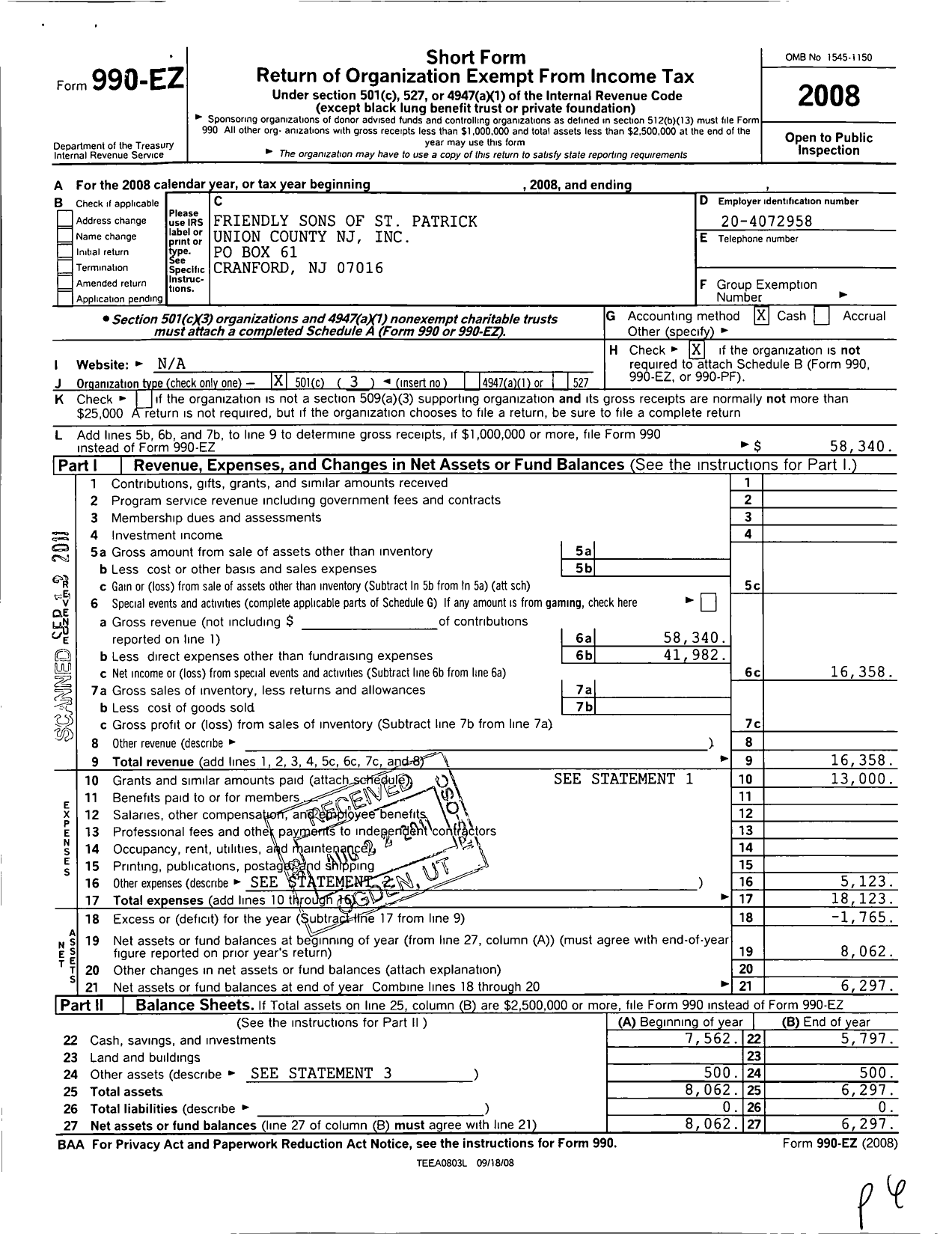 Image of first page of 2008 Form 990EZ for Friendly Sons of St Patrick Union County NJ