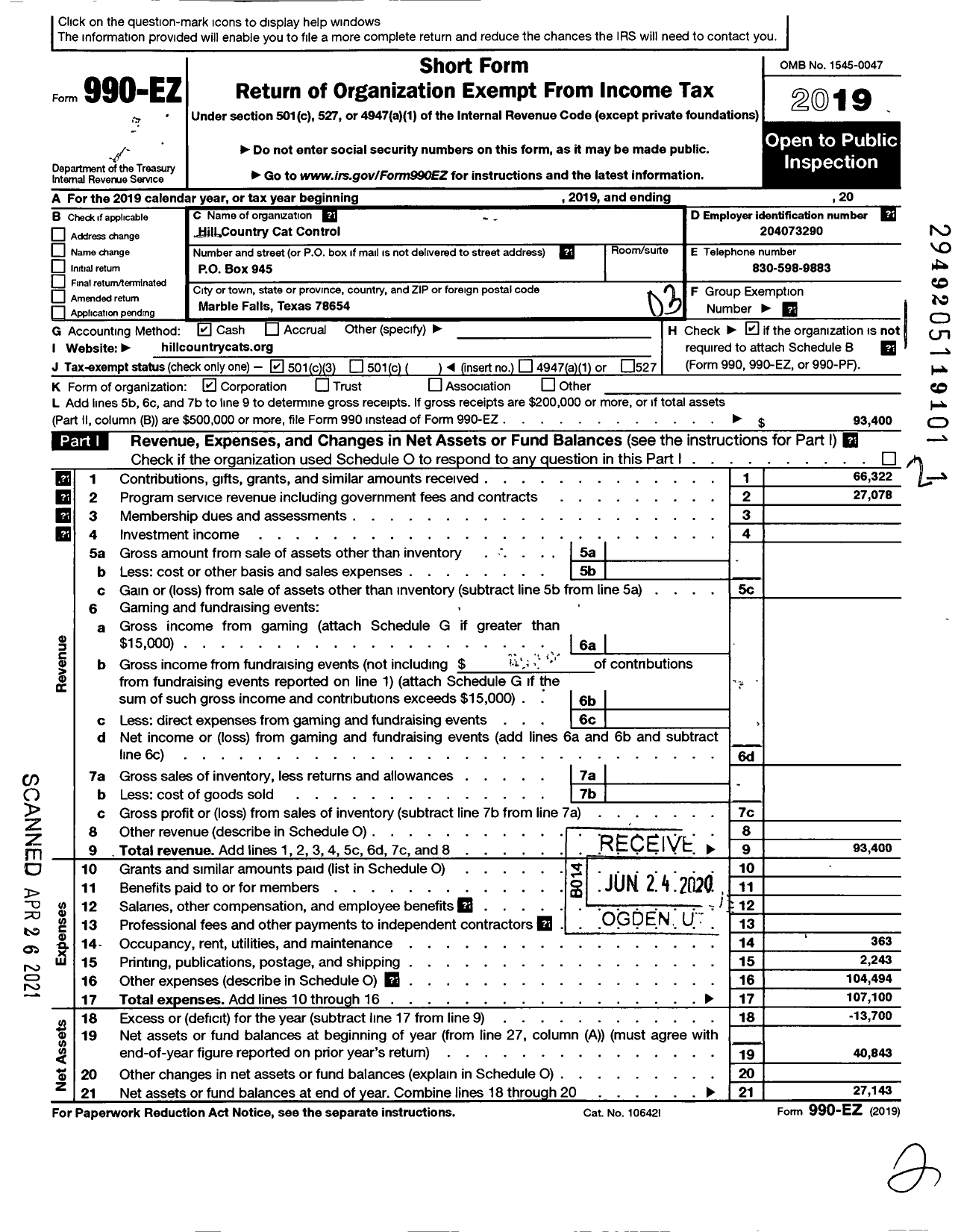 Image of first page of 2019 Form 990EZ for Hill Country Cat Control