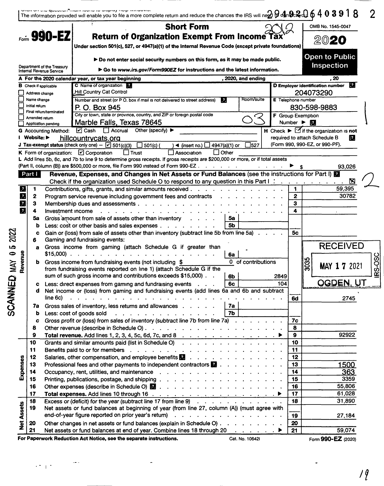 Image of first page of 2020 Form 990EZ for Hill Country Cat Control