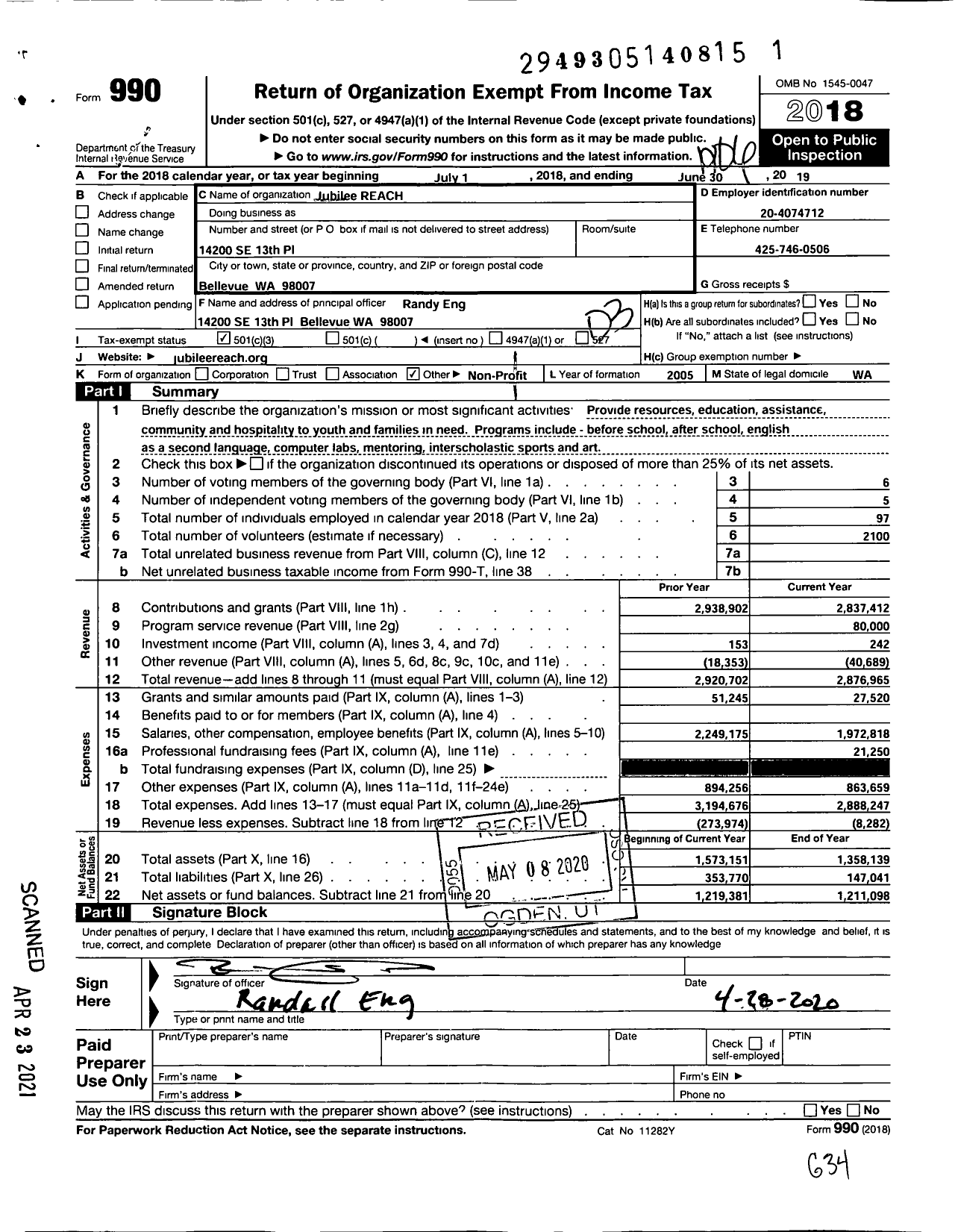 Image of first page of 2018 Form 990 for Jubilee REACH