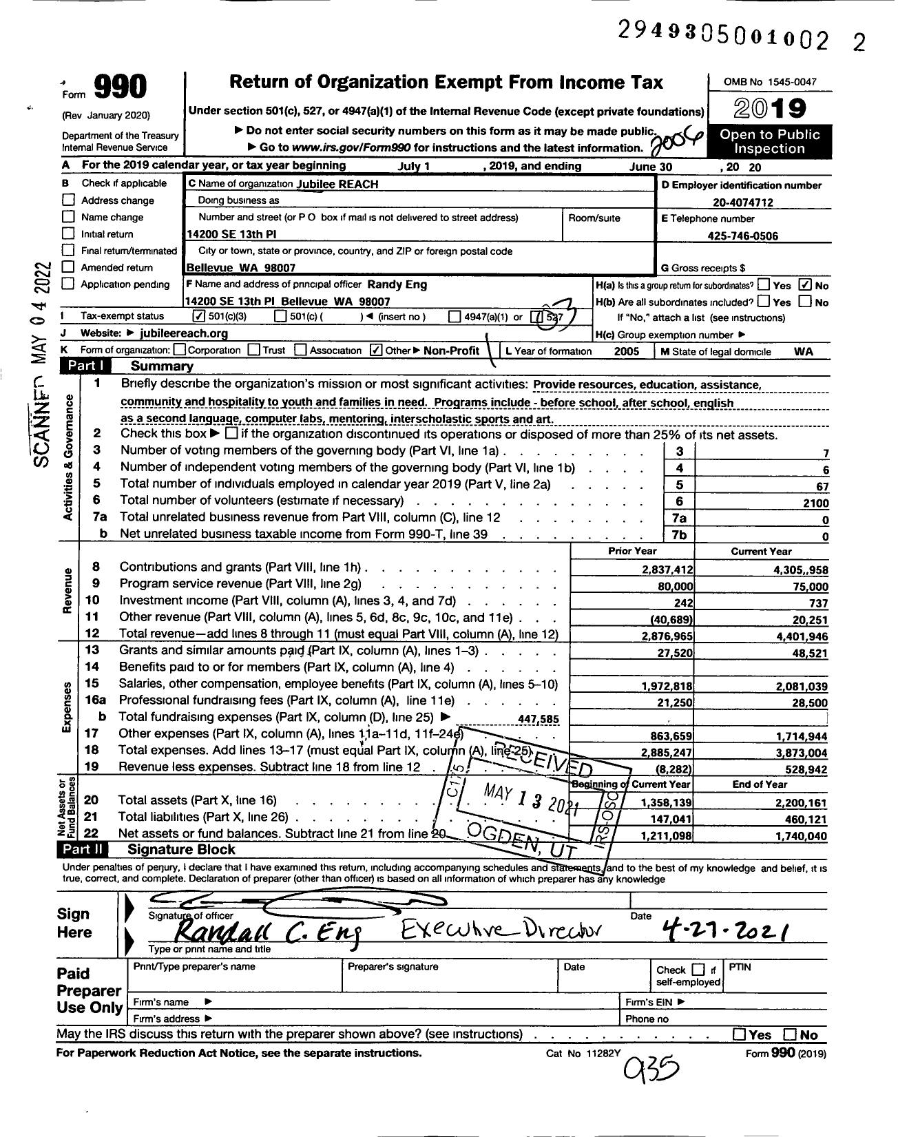 Image of first page of 2019 Form 990 for Jubilee REACH