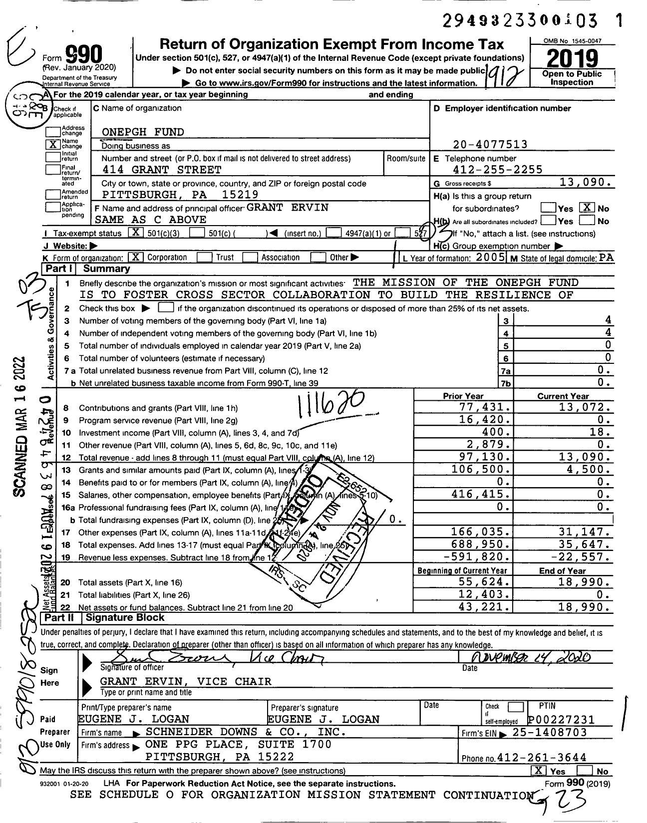 Image of first page of 2019 Form 990 for Onepgh Fund