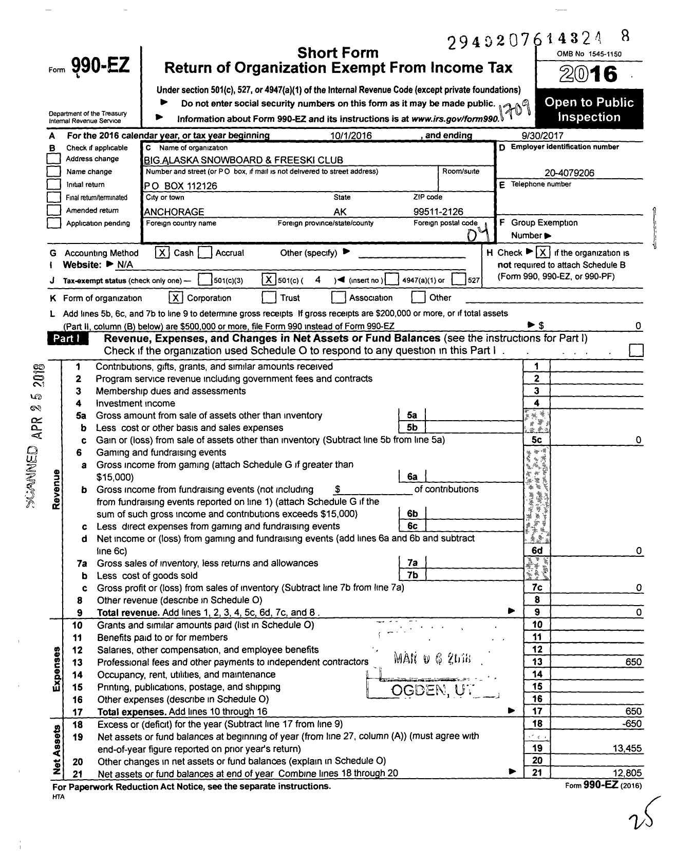 Image of first page of 2016 Form 990EO for Big Alaska Snowboard and Freeski Ski Club