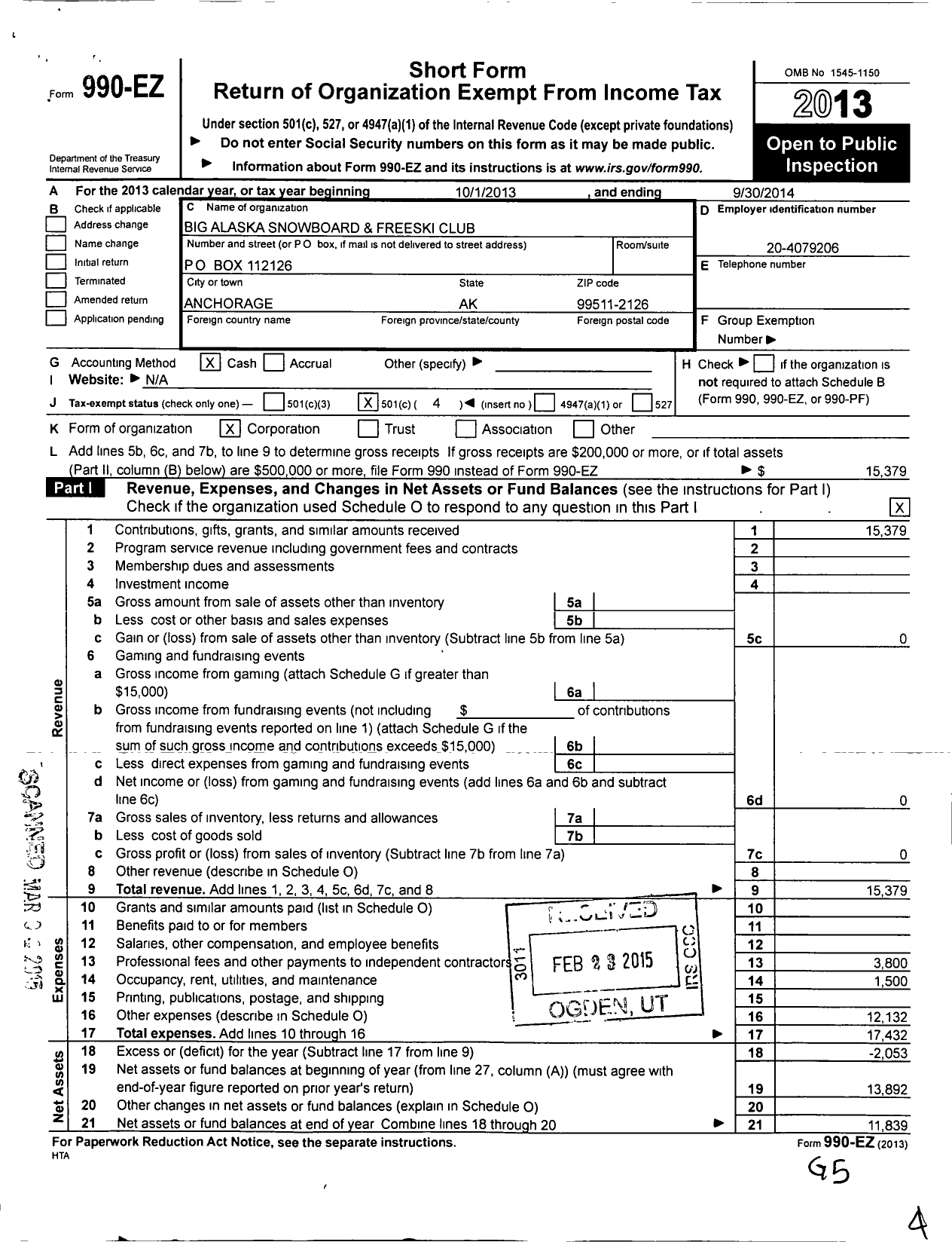 Image of first page of 2013 Form 990EO for Big Alaska Snowboard and Freeski Ski Club