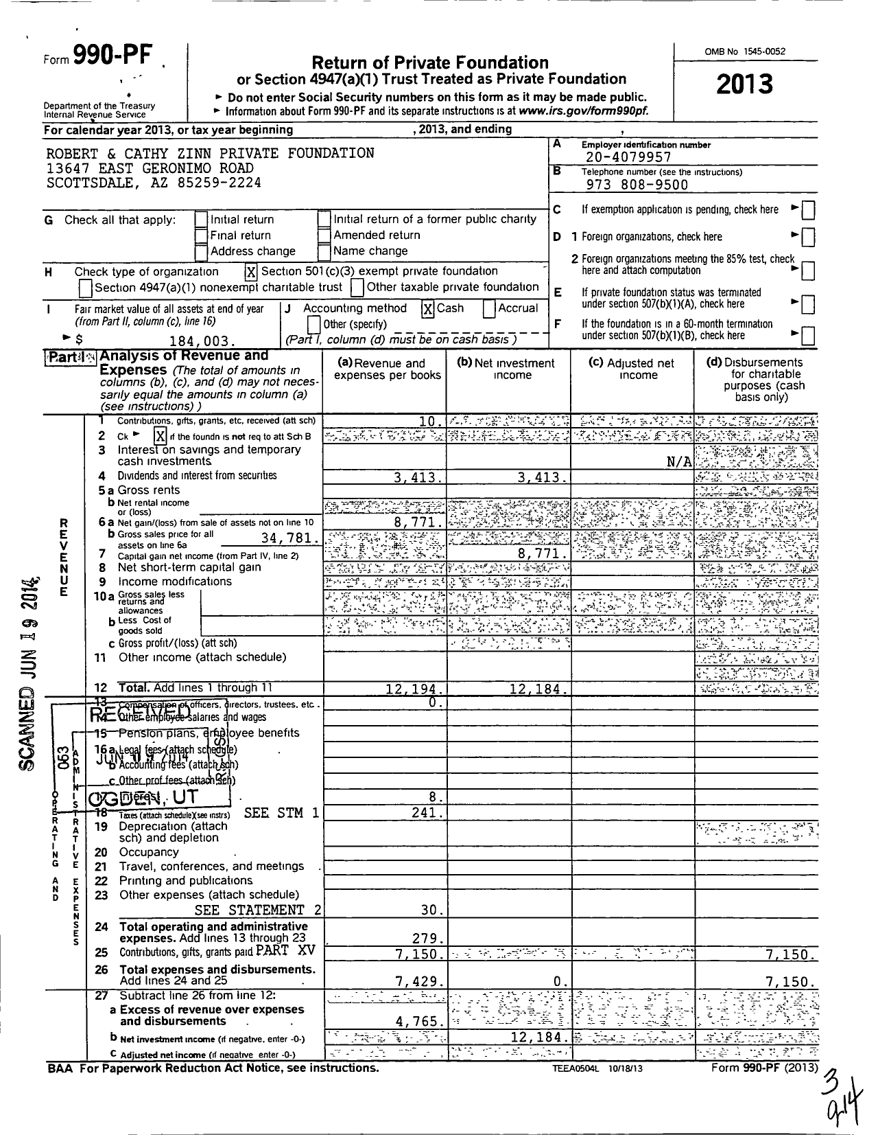 Image of first page of 2013 Form 990PF for Robert M Zinn Private Foundation