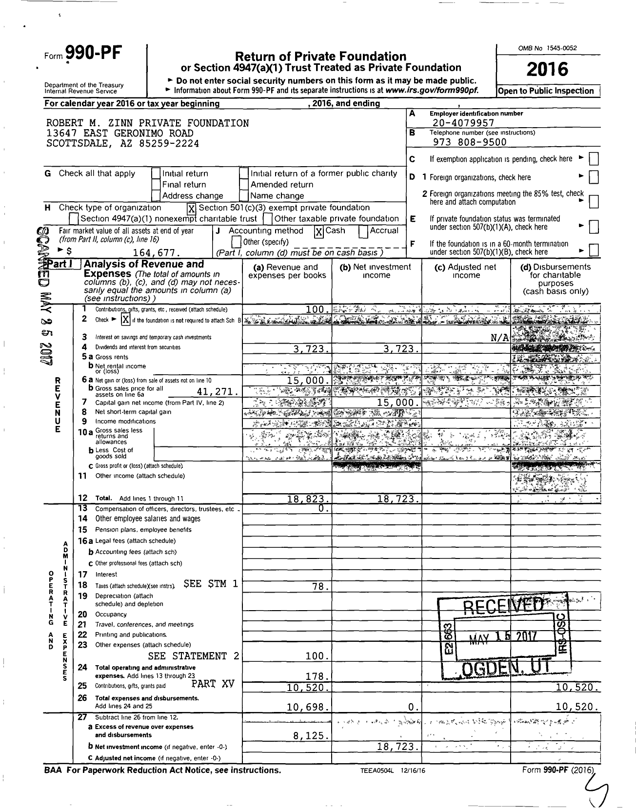 Image of first page of 2016 Form 990PF for Robert M Zinn Private Foundation