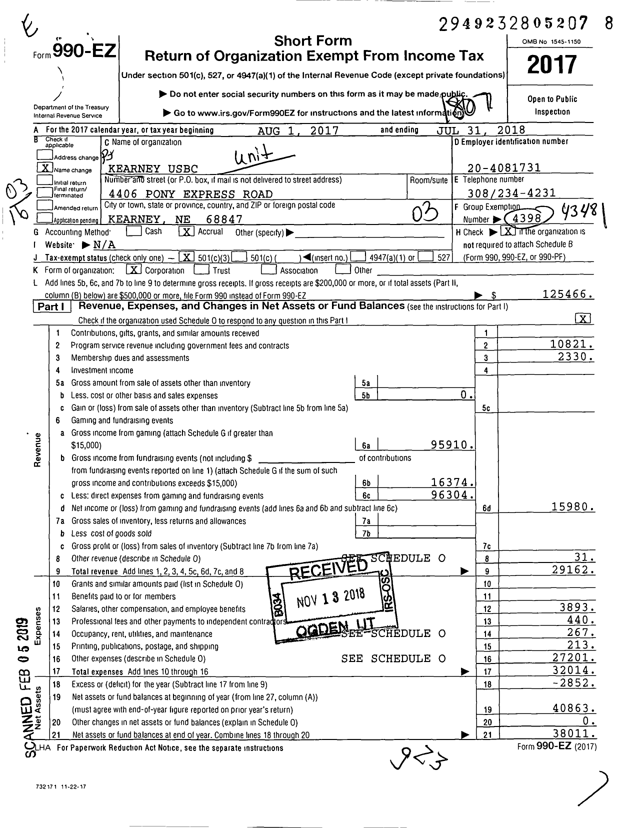 Image of first page of 2017 Form 990EZ for United States Bowling Congress - 86685 Kearney Usbc