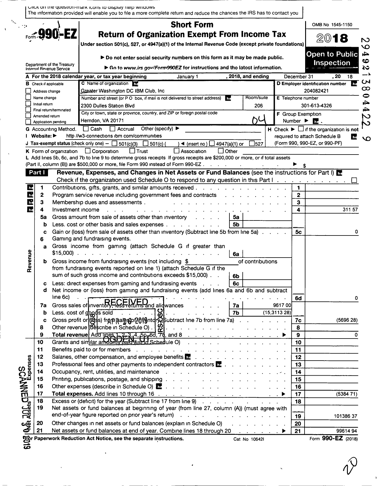 Image of first page of 2018 Form 990EO for Greater Washington DC Ibm Club
