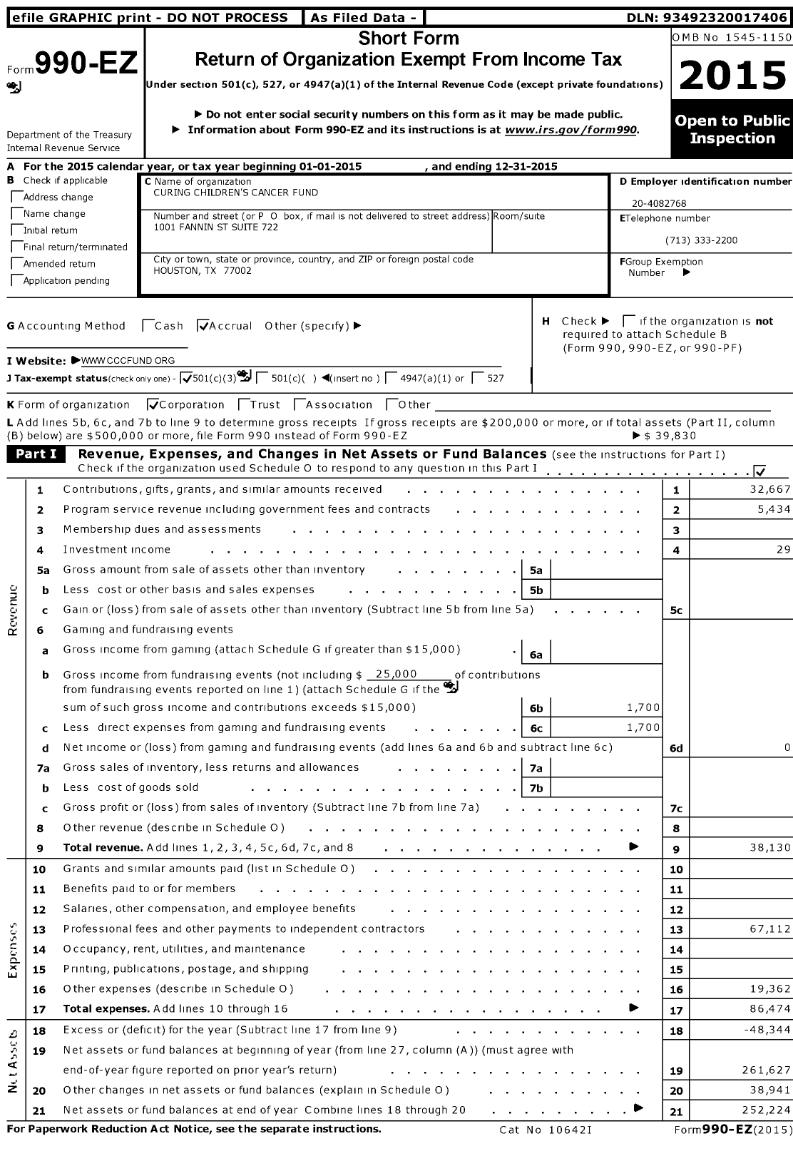 Image of first page of 2015 Form 990EZ for Curing Children's Cancer Fund