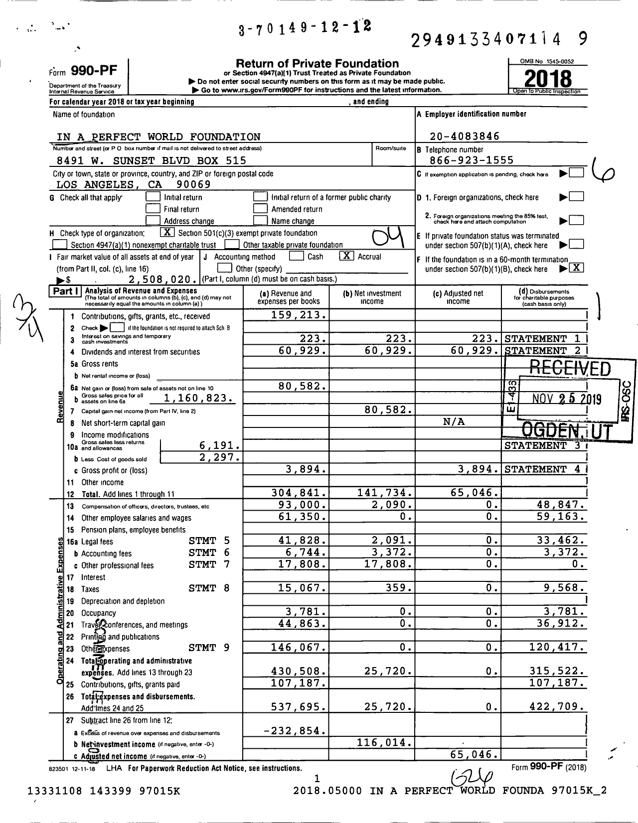 Image of first page of 2018 Form 990PF for In A Perfect World